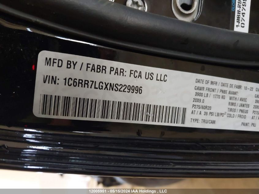 2022 Ram 1500 Classic Slt VIN: 1C6RR7LGXNS229996 Lot: 12005951