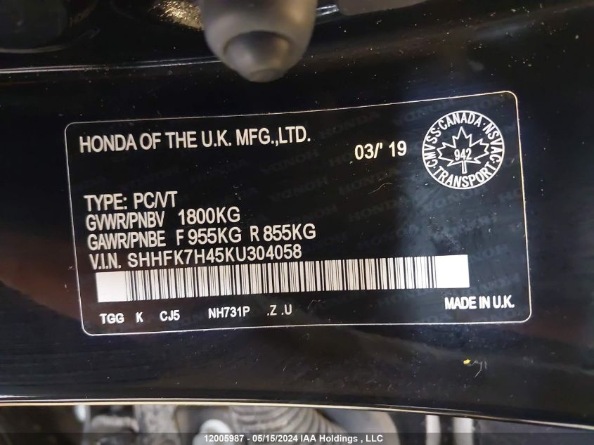 2019 Honda Civic Sport VIN: SHHFK7H45KU304058 Lot: 12005987