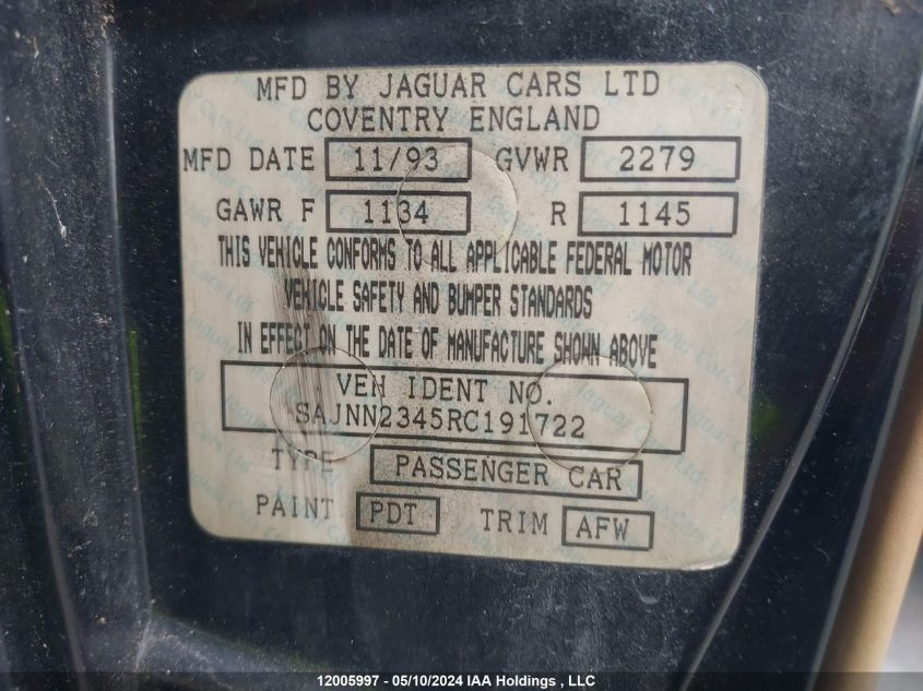 1994 Jaguar Xjs 2+2 VIN: SAJNN2345RC191722 Lot: 12005997