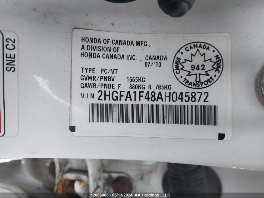 2010 Honda Civic Sdn VIN: 2HGFA1F48AH045872 Lot: 12006005