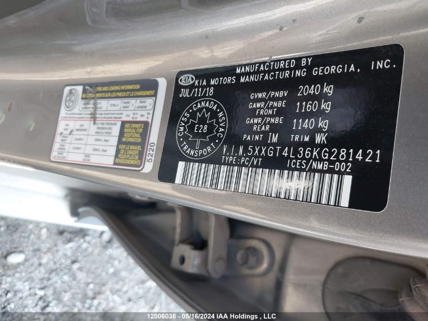 2019 Kia Optima VIN: 5XXGT4L36KG281421 Lot: 12006038