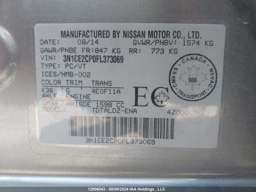 2015 Nissan Versa Note VIN: 3N1CE2CP0FL373069 Lot: 12006043