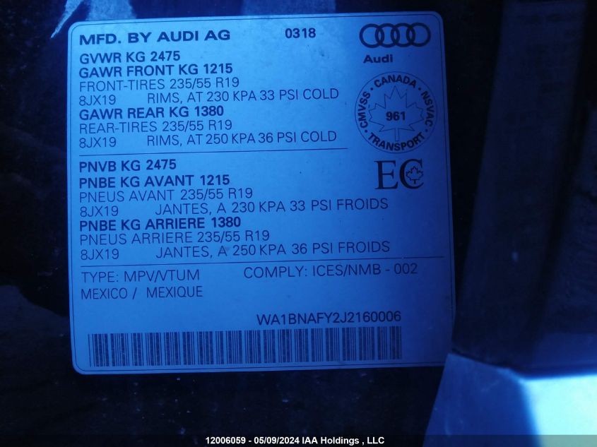 2018 Audi Q5 VIN: WA1BNAFY2J2160006 Lot: 12006059