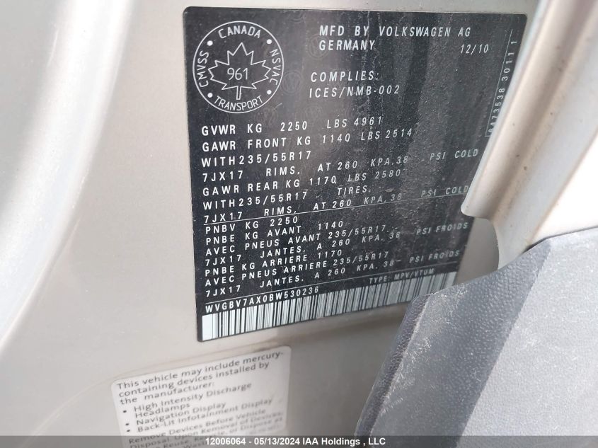 2011 Volkswagen Tiguan S/Se/Sel VIN: WVGBV7AX0BW530236 Lot: 12006064