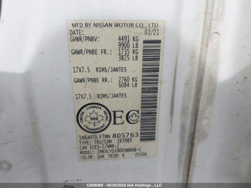 2021 Nissan Nv Cargo VIN: 1N6AF0LY7MN805763 Lot: 12006069