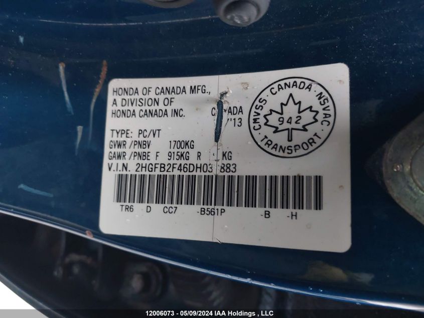 2013 Honda Civic Sdn VIN: 2HGFB2F46DH039883 Lot: 12006073