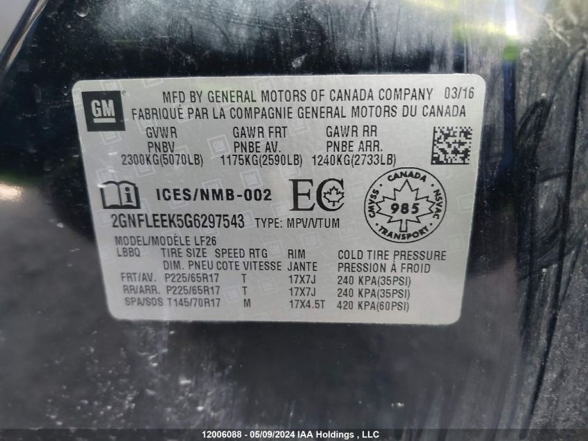 2016 Chevrolet Equinox VIN: 2GNFLEEK5G6297543 Lot: 12006088