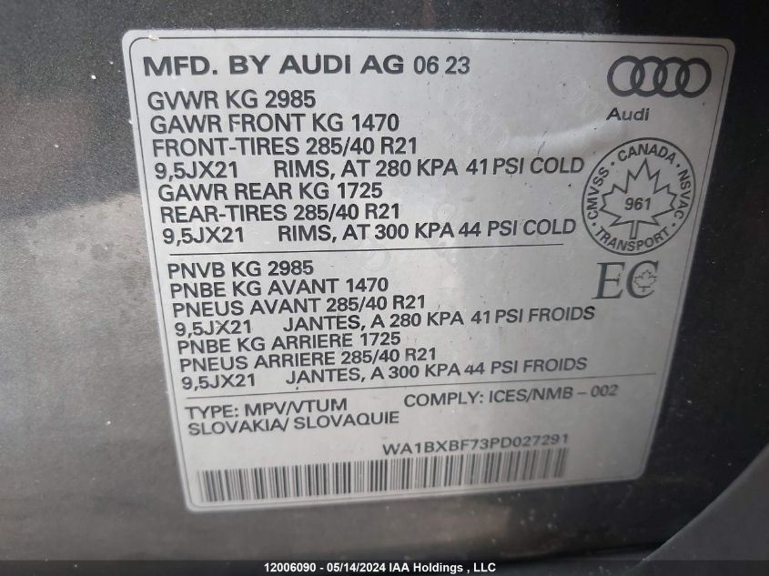 2023 Audi Q7 VIN: WA1BXBF73PD027291 Lot: 12006090