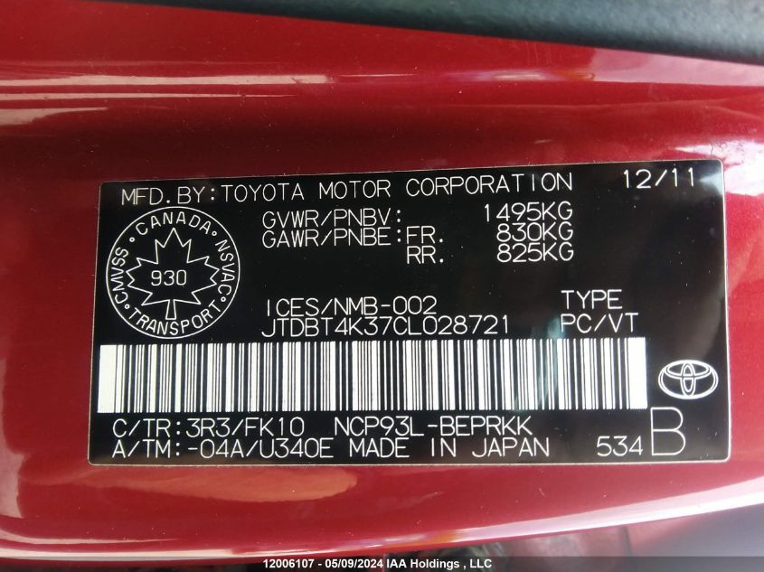 2012 Toyota Yaris VIN: JTDBT4K37CL028721 Lot: 12006107