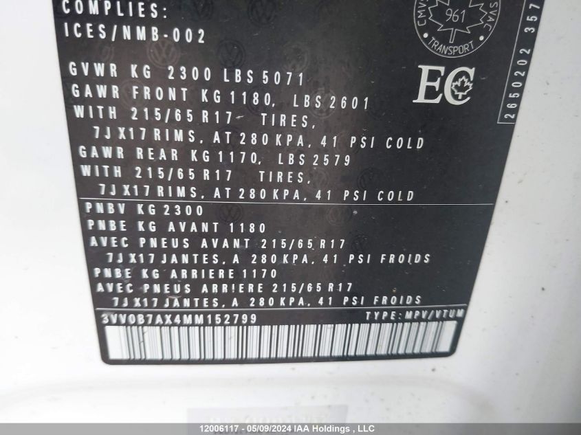 2021 Volkswagen Tiguan S VIN: 3VV0B7AX4MM152799 Lot: 12006117