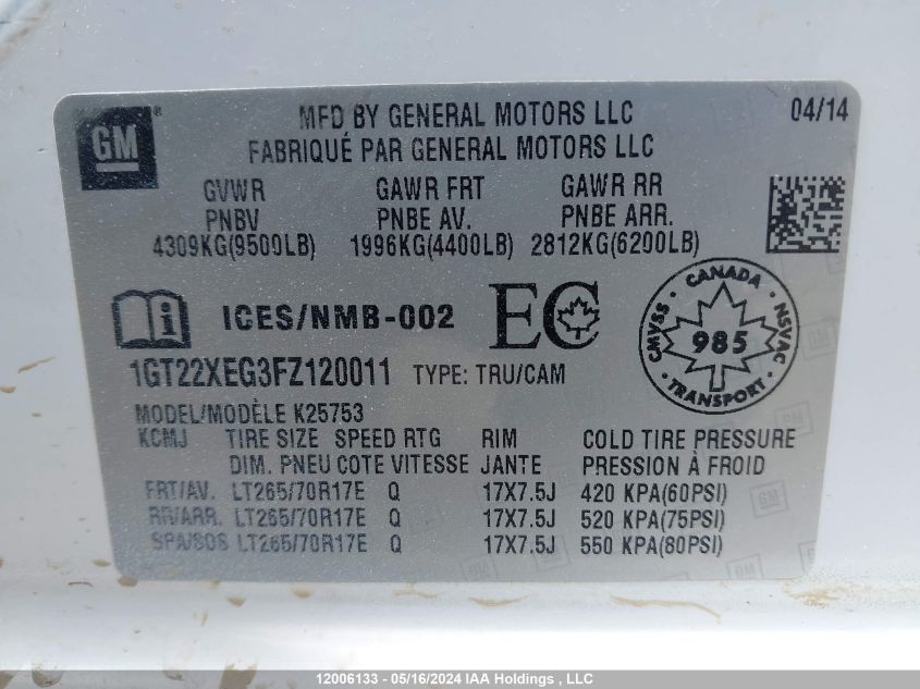 2015 GMC Sierra 2500Hd VIN: 1GT22XEG3FZ120011 Lot: 12006133