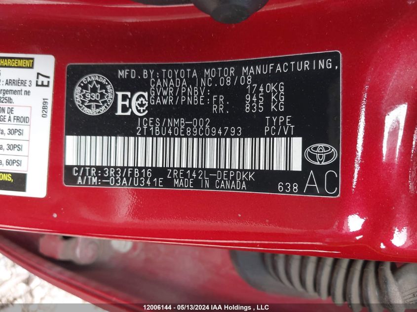 2009 Toyota Corolla S/Le/Xle VIN: 2T1BU40E89C094793 Lot: 12006144