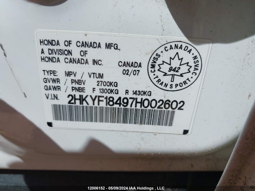 2007 Honda Pilot VIN: 2HKYF18497H002602 Lot: 12006152
