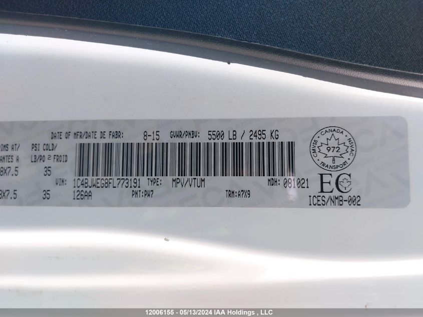 2015 Jeep Wrangler Unlimited Sahara VIN: 1C4BJWEG8FL773191 Lot: 12006155