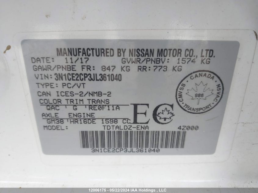 2018 Nissan Versa Note VIN: 3N1CE2CP3JL361040 Lot: 12006175