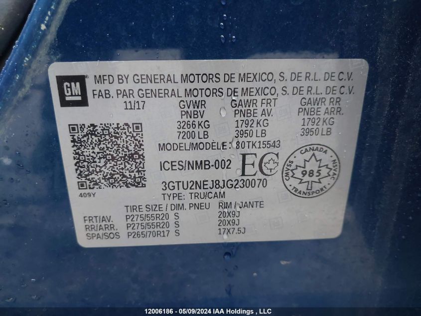 2018 GMC Sierra K1500 Slt VIN: 3GTU2NEJ8JG230070 Lot: 12006186