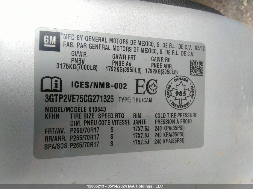 2012 GMC Sierra 1500 VIN: 3GTP2VE75CG271325 Lot: 12006213