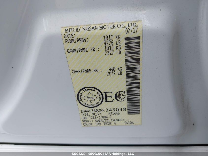 2017 Nissan Altima 2.5/S/Sv/Sl/Sr VIN: 1N4AL3AP2HN343048 Lot: 12006220