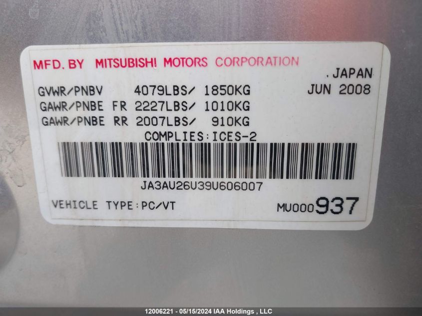 2009 Mitsubishi Lancer VIN: JA3AU26U39U606007 Lot: 12006221