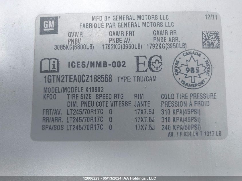 2012 GMC Sierra 1500 VIN: 1GTN2TEA0CZ188568 Lot: 12006229