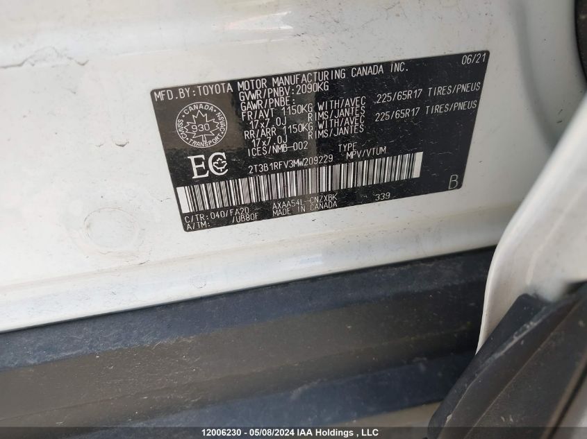 2021 Toyota Rav4 Le VIN: 2T3B1RFV3MW209229 Lot: 12006230