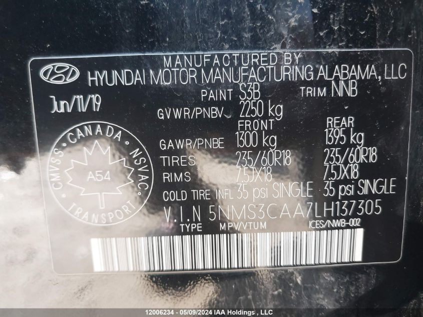 2020 Hyundai Santa Fe Sel/Sel Plus VIN: 5NMS3CAA7LH137305 Lot: 12006234