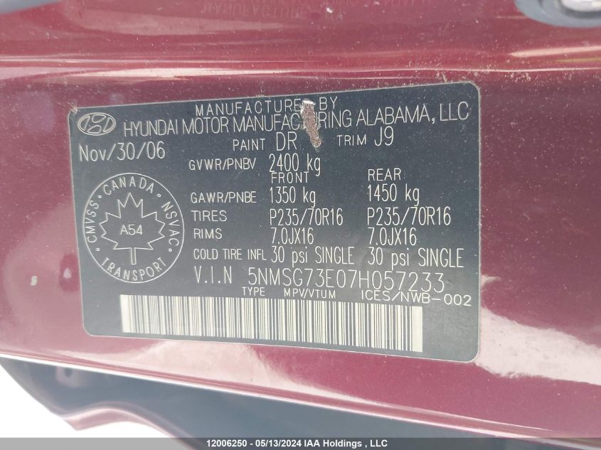 2007 Hyundai Santa Fe Gl VIN: 5NMSG73E07H057233 Lot: 12006250
