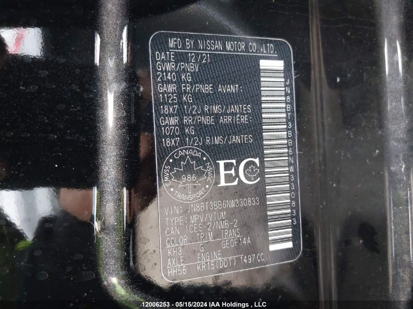 2022 Nissan Rogue VIN: JN8BT3BB6NW330833 Lot: 12006253