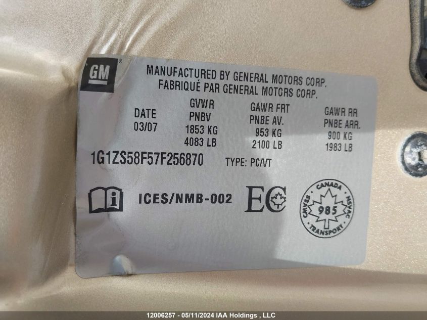 2007 Chevrolet Malibu Ls VIN: 1G1ZS58F57F256870 Lot: 12006257