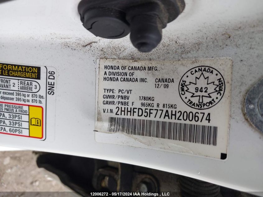 2010 Acura Csx VIN: 2HHFD5F77AH200674 Lot: 12006272