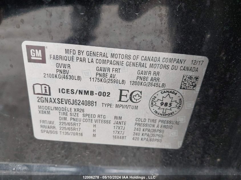 2018 Chevrolet Equinox VIN: 2GNAXSEV6J6240881 Lot: 12006278