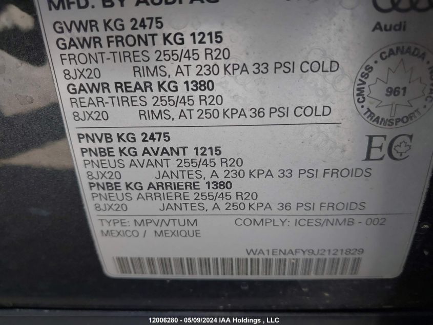 2018 Audi Q5 VIN: WA1ENAFY9J2121829 Lot: 12006280