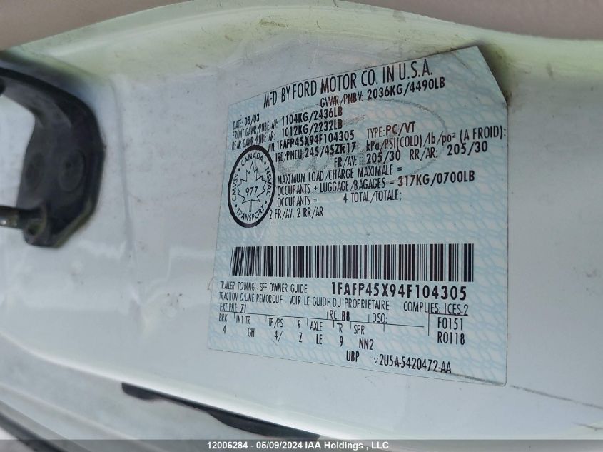 2004 Ford Mustang VIN: 1FAFP45X94F104305 Lot: 12006284