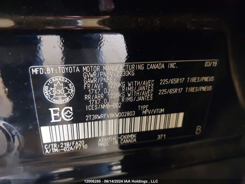 2019 Toyota Rav4 VIN: 2T3RWRFV8KW002803 Lot: 12006288