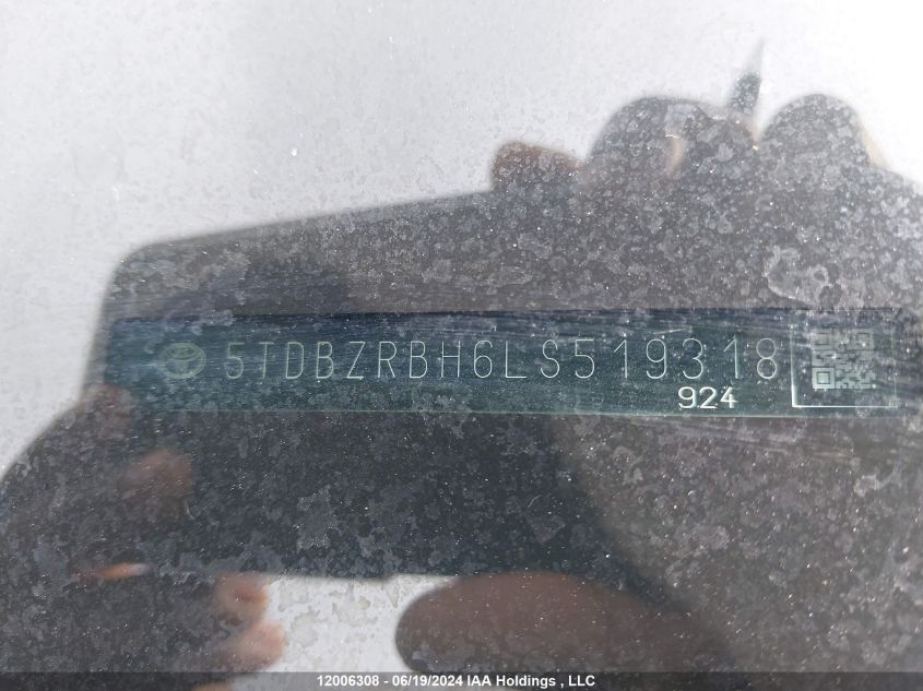 2020 Toyota Highlander Le VIN: 5TDBZRBH6LS519318 Lot: 12006308