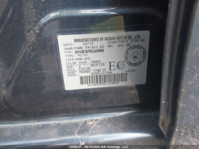 2014 Nissan Sentra VIN: 3N1AB7AP9EL649909 Lot: 12006317