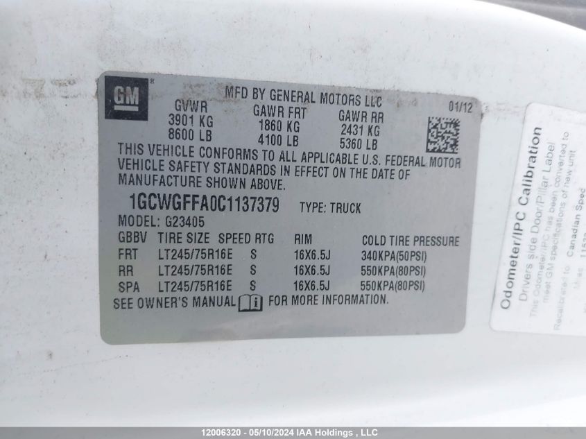 2012 Chevrolet Express 2500 Work Van VIN: 1GCWGFFA0C1137379 Lot: 12006320