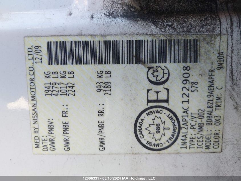 2010 Nissan Altima 2.5 S VIN: 1N4AL2AP1AC122908 Lot: 12006331