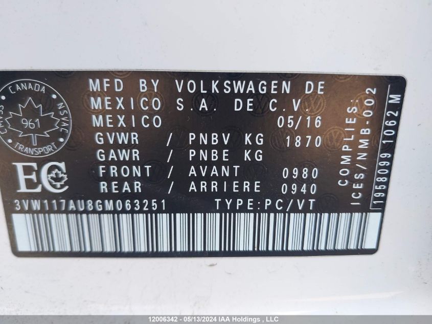 3VW117AU8GM063251 2016 Volkswagen Golf