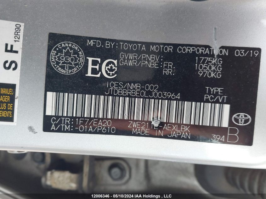 2020 Toyota Corolla Hybrid VIN: JTDBBRBE0LJ003964 Lot: 12006346