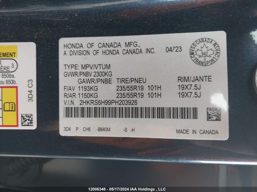 2023 Honda Cr-V Hybrid VIN: 2HKRS6H99PH203926 Lot: 12006348