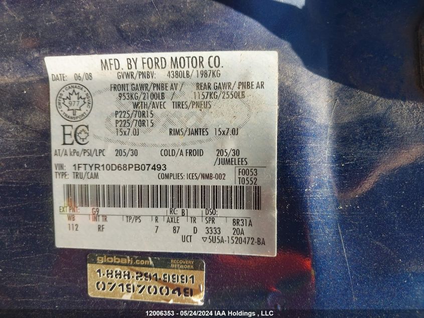 2008 Ford Ranger VIN: 1FTYR10D68PB07493 Lot: 12006353