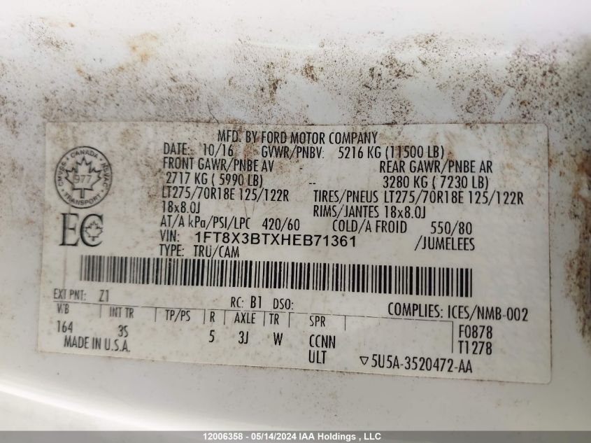 2017 Ford F350 Super Duty VIN: 1FT8X3BTXHEB71361 Lot: 12006358