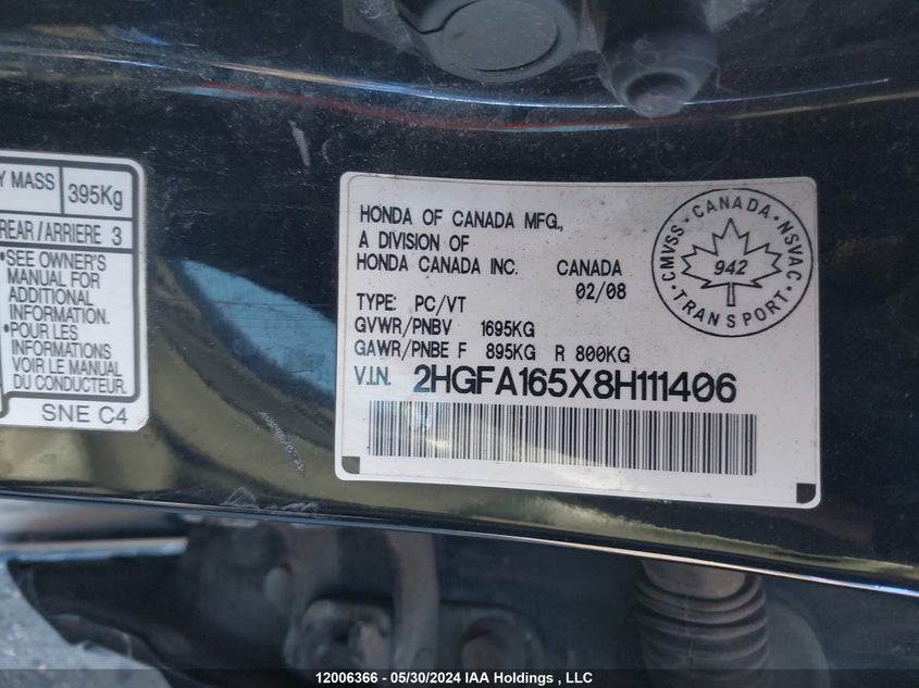 2008 Honda Civic Sdn VIN: 2HGFA165X8H111406 Lot: 12006366