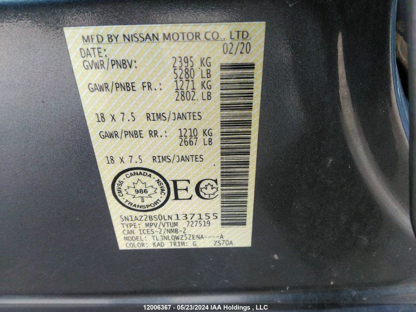 2020 Nissan Murano Sv VIN: 5N1AZ2BS0LN137155 Lot: 12006367