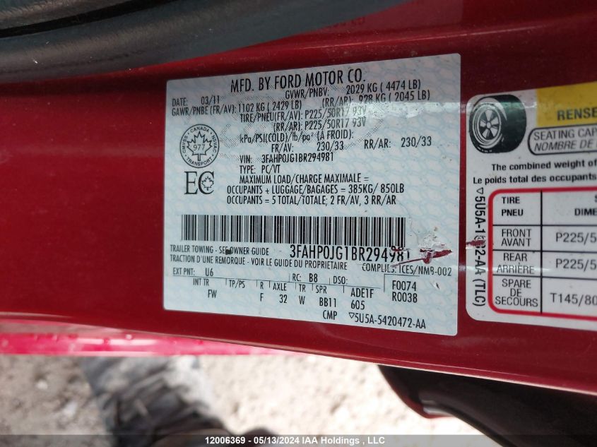 2011 Ford Fusion Sel VIN: 3FAHP0JG1BR294981 Lot: 12006369