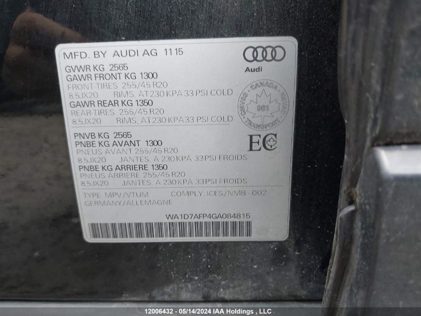 2016 Audi Q5 VIN: WA1D7AFP4GA084815 Lot: 12006432