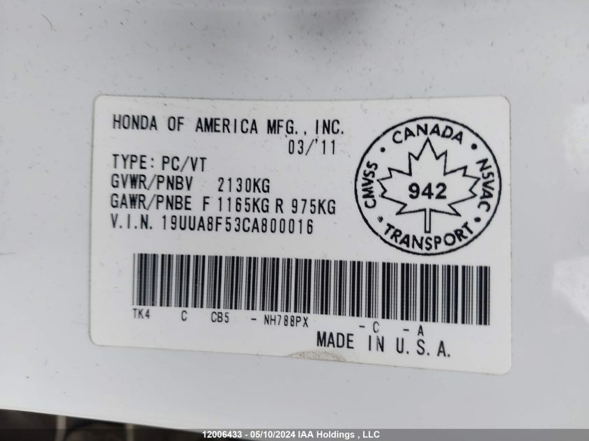 2012 Acura Tl VIN: 19UUA8F53CA800016 Lot: 12006433