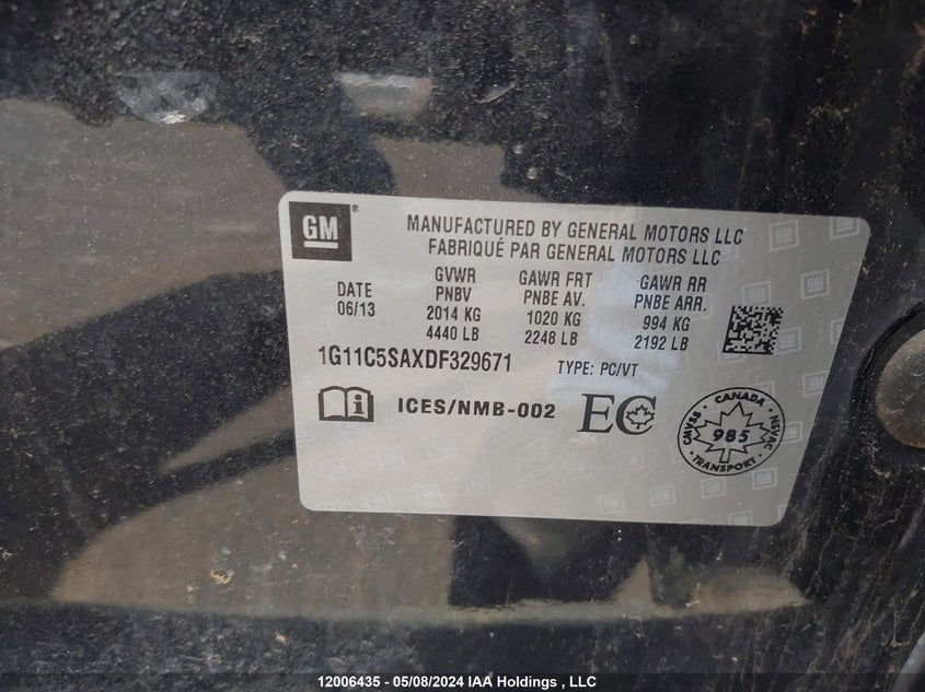 2013 Chevrolet Malibu 1Lt VIN: 1G11C5SAXDF329671 Lot: 12006435