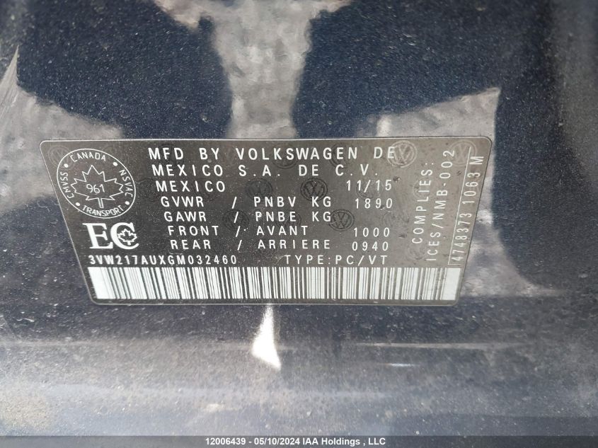 2016 Volkswagen Golf VIN: 3VW217AUXGM032460 Lot: 12006439